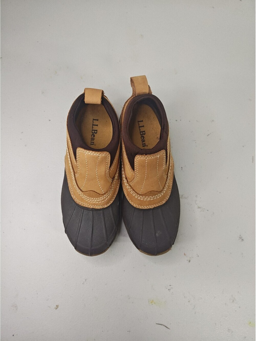 LL Bean Storm Chaser Slip On Duck Boots Womens 7 Tan Brown Suede Rubber Shoes